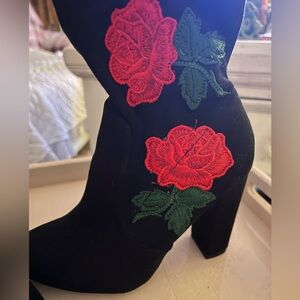 BAMBOO Black Heeled Boots with Red and Green Embroidery